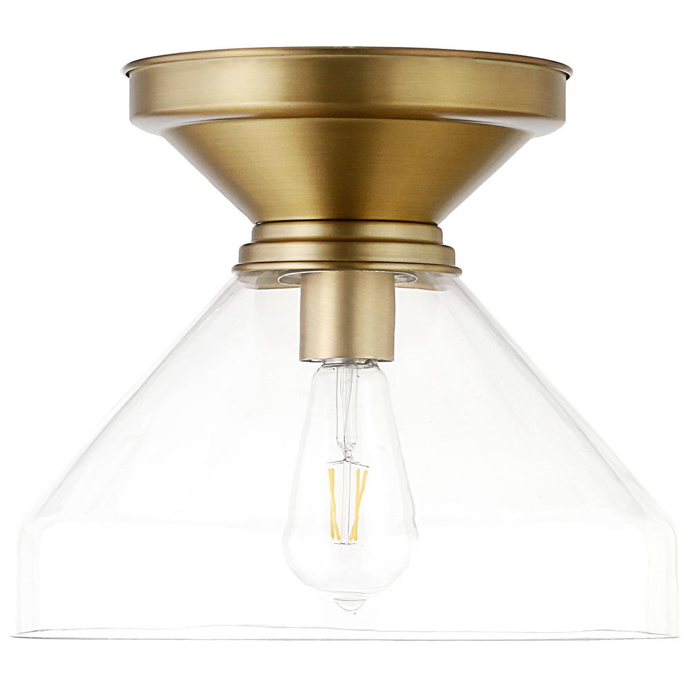 Abbott 12" Wide Flush Mount with Glass Shade in Brushed Brass/Clear. Picture 1