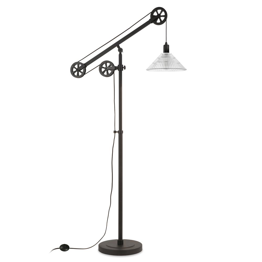 Descartes Pulley System Floor Lamp with Ribbed Glass Shade in Blackened Bronze/Clear. Picture 1