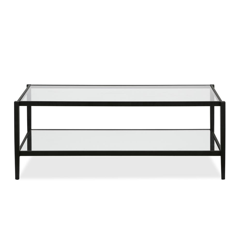 Hera 45 Wide Rectangular Coffee Table with Glass Shelf in Blackened Bronze. Picture 4