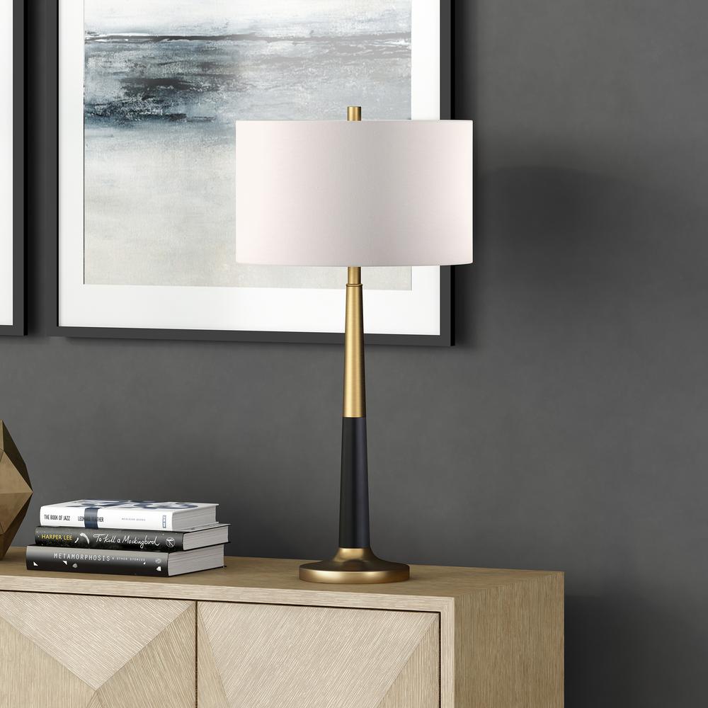 Lyon 29.75" Tall Two-Tone Table Lamp with Fabric Shade in Brass/Matte Black/White. Picture 3