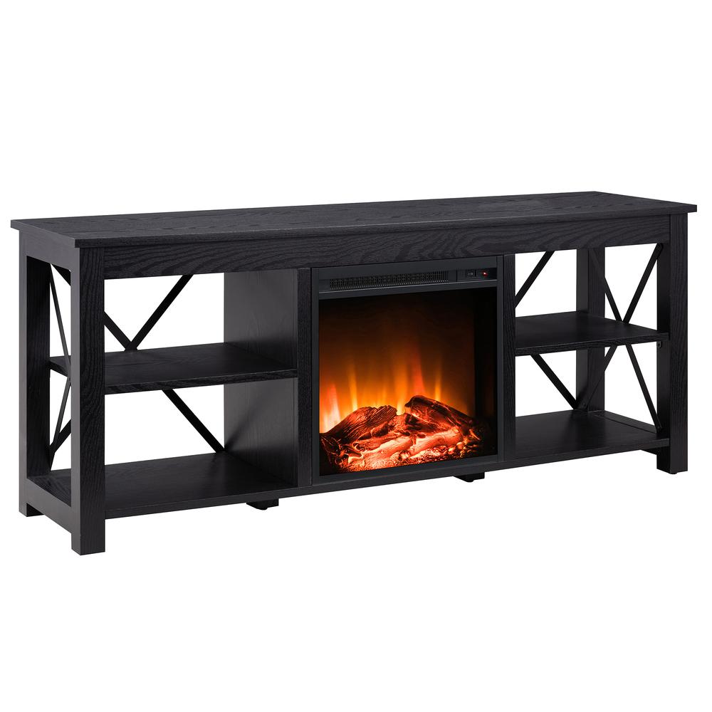 Sawyer Rectangular TV Stand with Log Fireplace for TV's up to 65" in Black. Picture 1