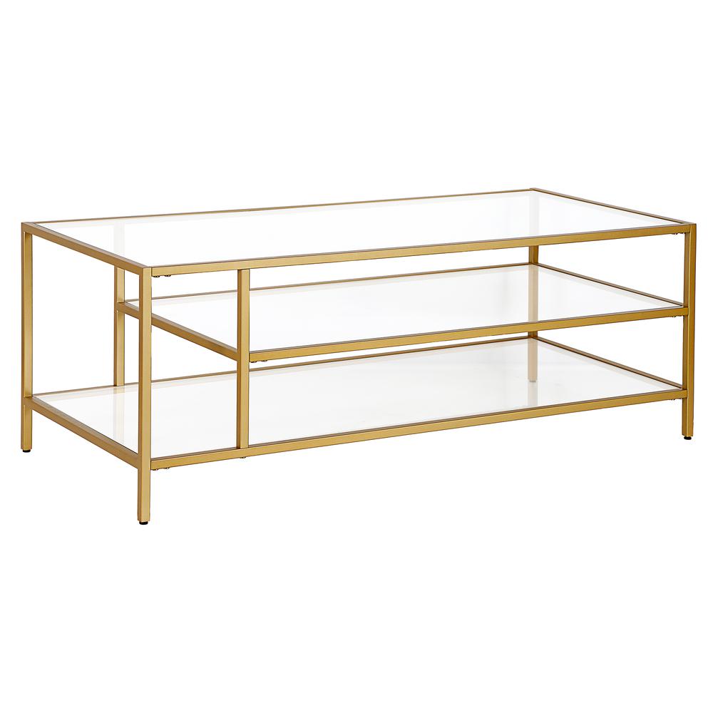 Winthrop 46'' Wide Rectangular Coffee Table with Glass Top in Brass. Picture 1