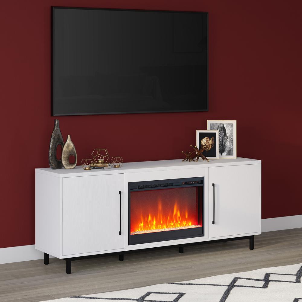 Julian Rectangular TV Stand with Crystal Fireplace for TV's up to 80" in White. Picture 4