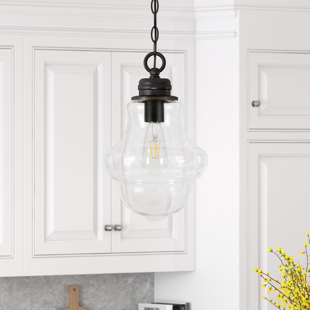 Annie 9.13" Wide Pendant with Glass Shade in Blackened Bronze/Clear. Picture 2