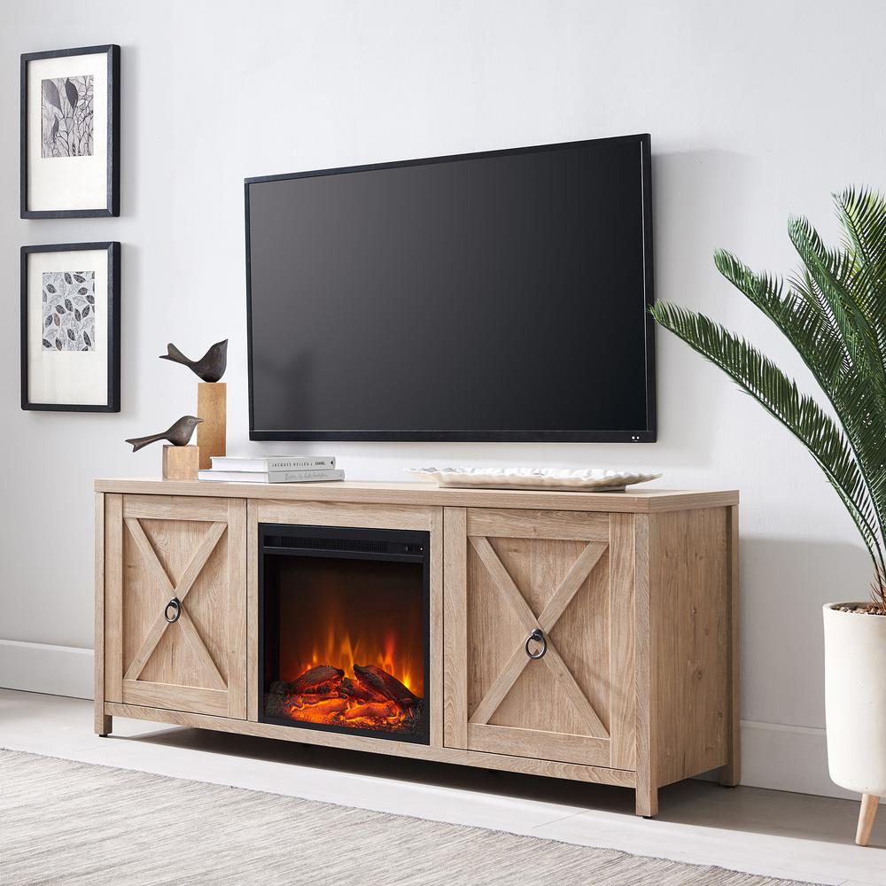 Granger Rectangular TV Stand with Log Fireplace for TV's up to 65" in White Oak. Picture 2