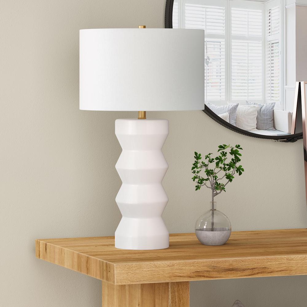 Carlin 28" Tall Ceramic Table Lamp with Fabric Shade in Matte White/White. Picture 2