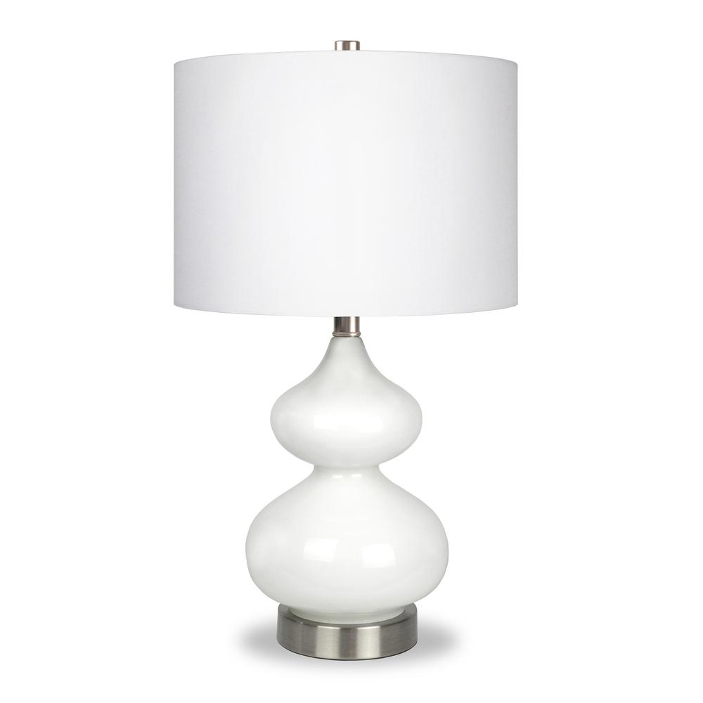 Katrin 23.5" Tall Table Lamp with Fabric Shade in White Glass/Satin Nickel/White. Picture 1