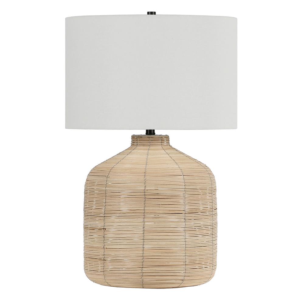 Jolina 26.5" Tall Oversized/Rattan Table Lamp with Fabric Shade in Natural Rattan/Brass /White. Picture 1