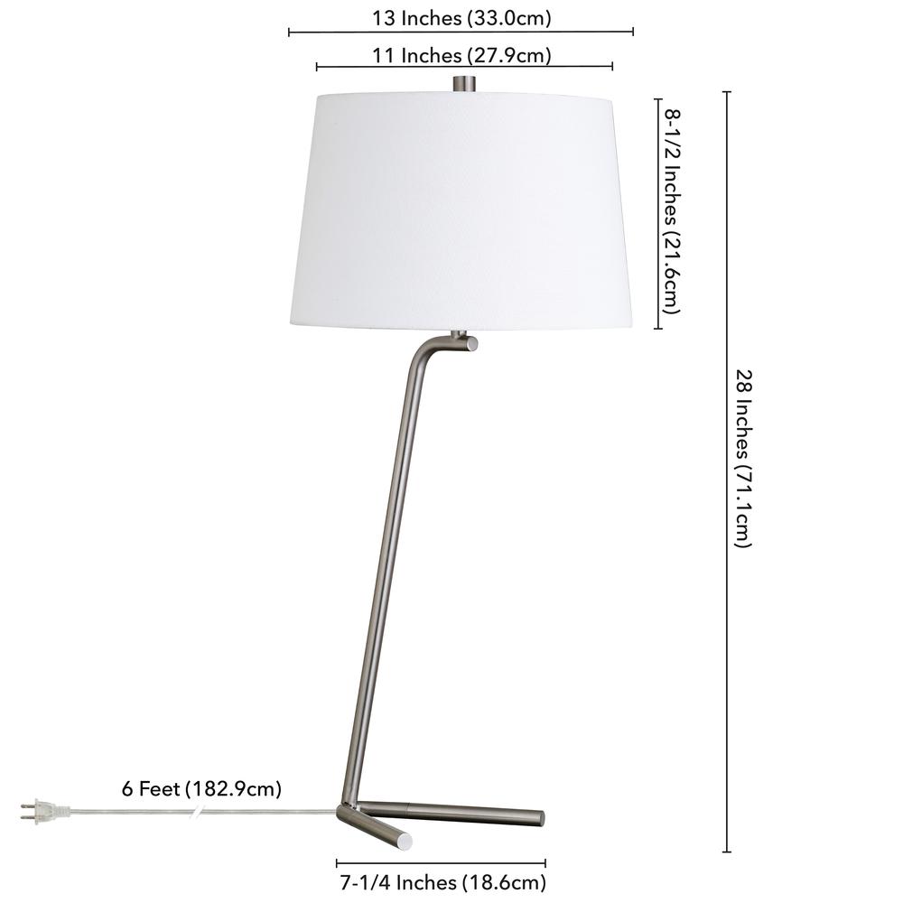 Markos 28.5" Tall Tilted Table Lamp with Fabric Shade in Brushed Nickel/White. Picture 4