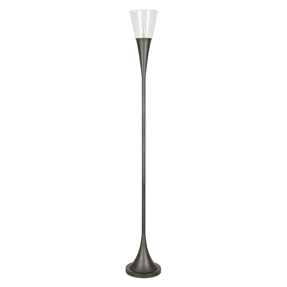 Moura Torchiere Floor Lamp with Glass Shade in Aged Steel/Seeded. Picture 1