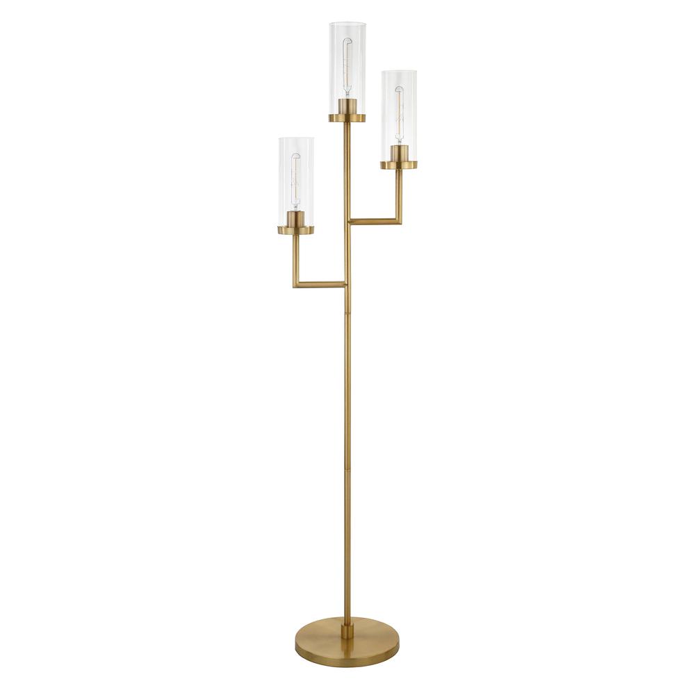 Basso 3-Light Torchiere Floor Lamp with Glass Shade in Brass/Clear. Picture 1
