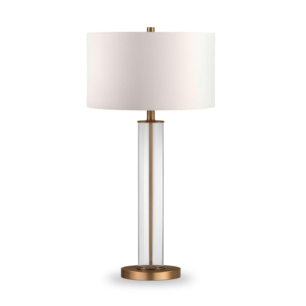 Harlow 29" Tall Table Lamp with Fabric Shade in Clear Glass/Brass/White. Picture 1
