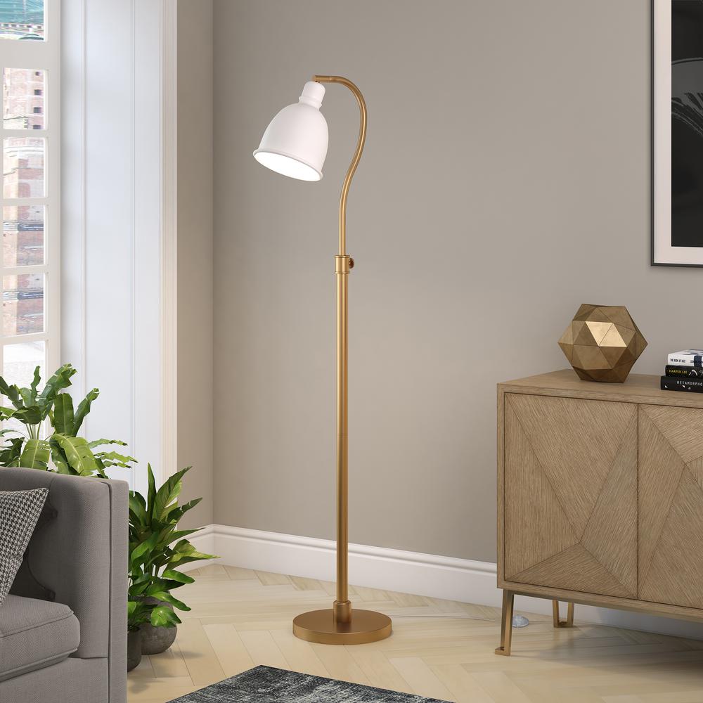 Vincent Adjustable/Arc Floor Lamp with Metal Shade in Brass/Matte White/Matte White. Picture 4