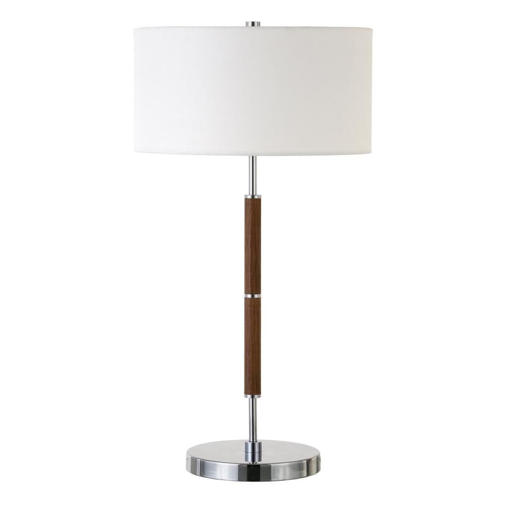 Simone 25" Tall 2-Light Table Lamp with Fabric Shade in Rustic Oak/Polished Nickel/White. Picture 1