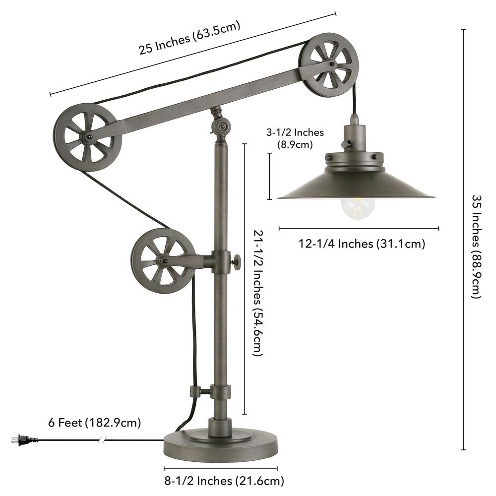 Descartes 29" Tall Wide Brim/Pulley System Table Lamp with Metal Shade in Aged Steel/Aged Steel. Picture 4