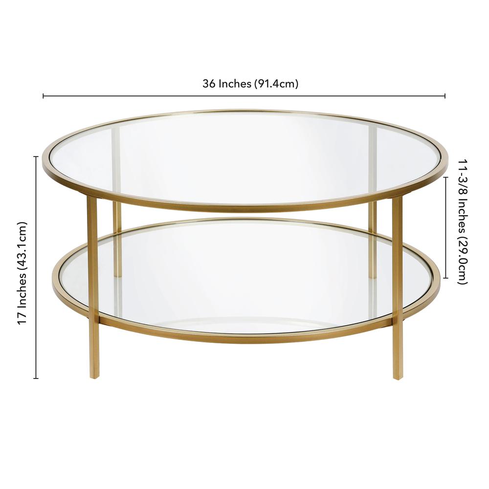 Sivil 36'' Wide Round Coffee Table with Glass Top in Brass. Picture 5