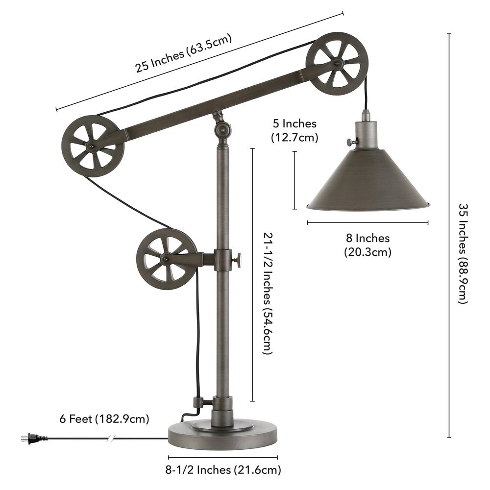 Descartes 29" Tall Pulley System Table Lamp with Metal Shade in Aged Steel/Aged Steel. Picture 3