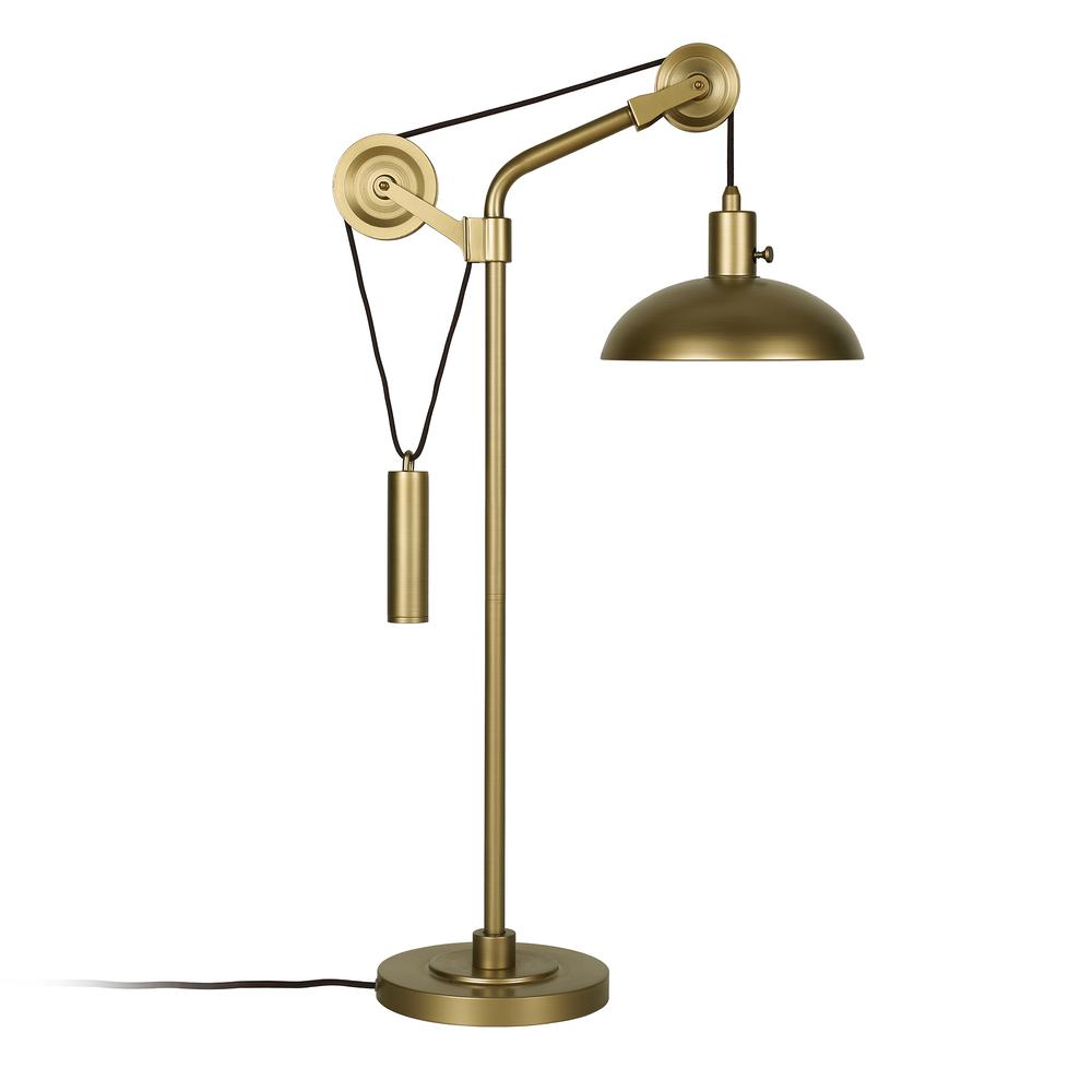 Neo 33.5" Tall Solid Wheel Pulley System Table Lamp with Metal Shade in Brass/Brass. Picture 1
