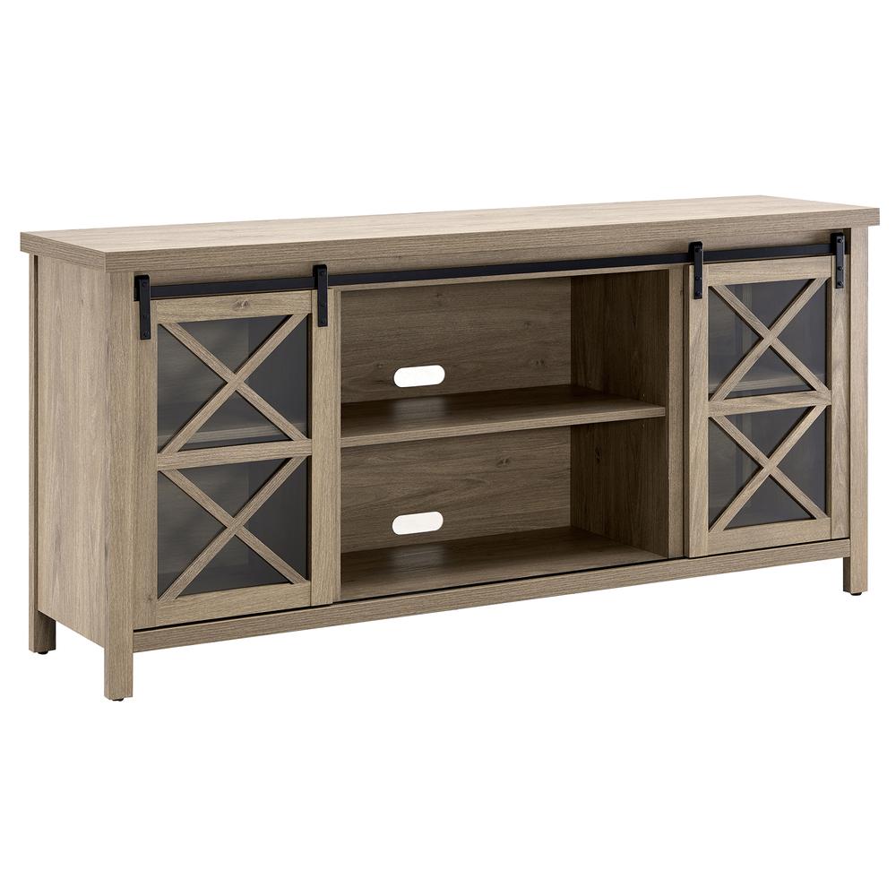 Clementine Rectangular TV Stand for TV's up to 80" in Antiqued Gray Oak. Picture 1