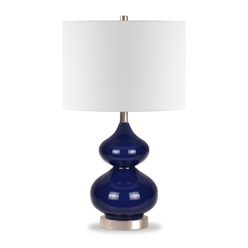 Katrin 23.5" Tall Table Lamp with Fabric Shade in Navy Blue Glass/Satin Nickel/White. Picture 1