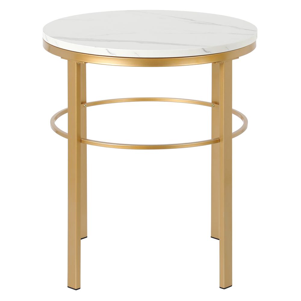 Gaia 20" Wide Round Side Table with Faux Marble Top in Brass/Faux Marble. Picture 3