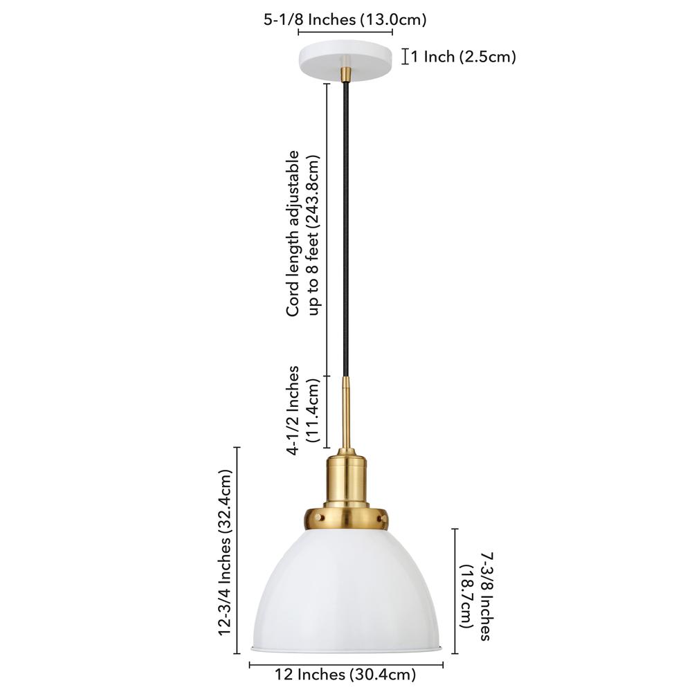 Madison 12" Wide Pendant with Metal Shade in White/Brass/White. Picture 5