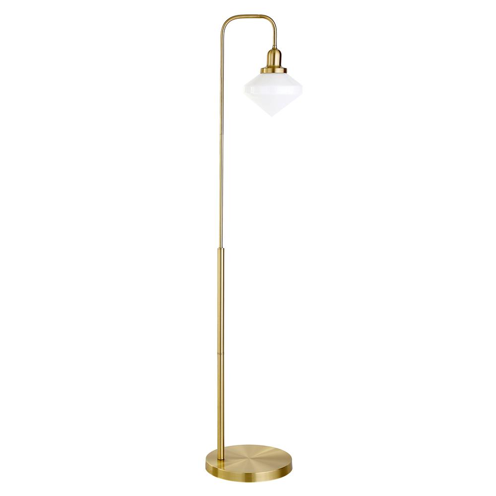 Zariza Arc Floor Lamp with Glass Shade in Brass/White Milk. Picture 1
