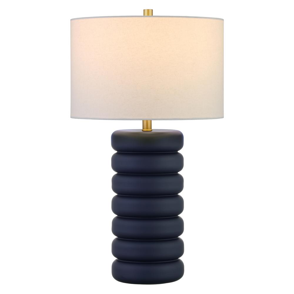 Zelda 25" Tall Ceramic Bubble Body Table Lamp with Fabric Shade in Matte Navy/Brass/White. Picture 3