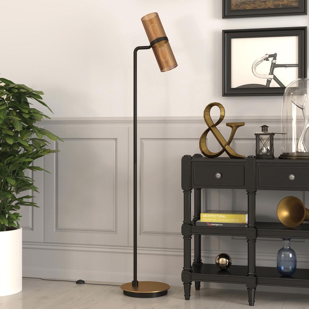 Zevon 62" Tall Floor Lamp with Metal Mesh Shade in Matte Black/Brass/Brass. Picture 2