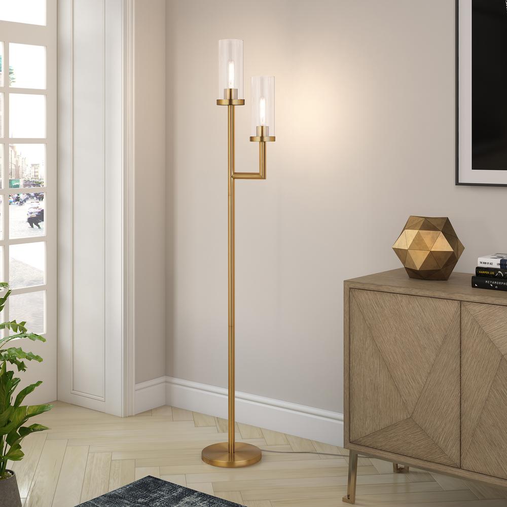 Basso 2-Light Torchiere Floor Lamp with Glass Shade in Brass/Clear. Picture 4