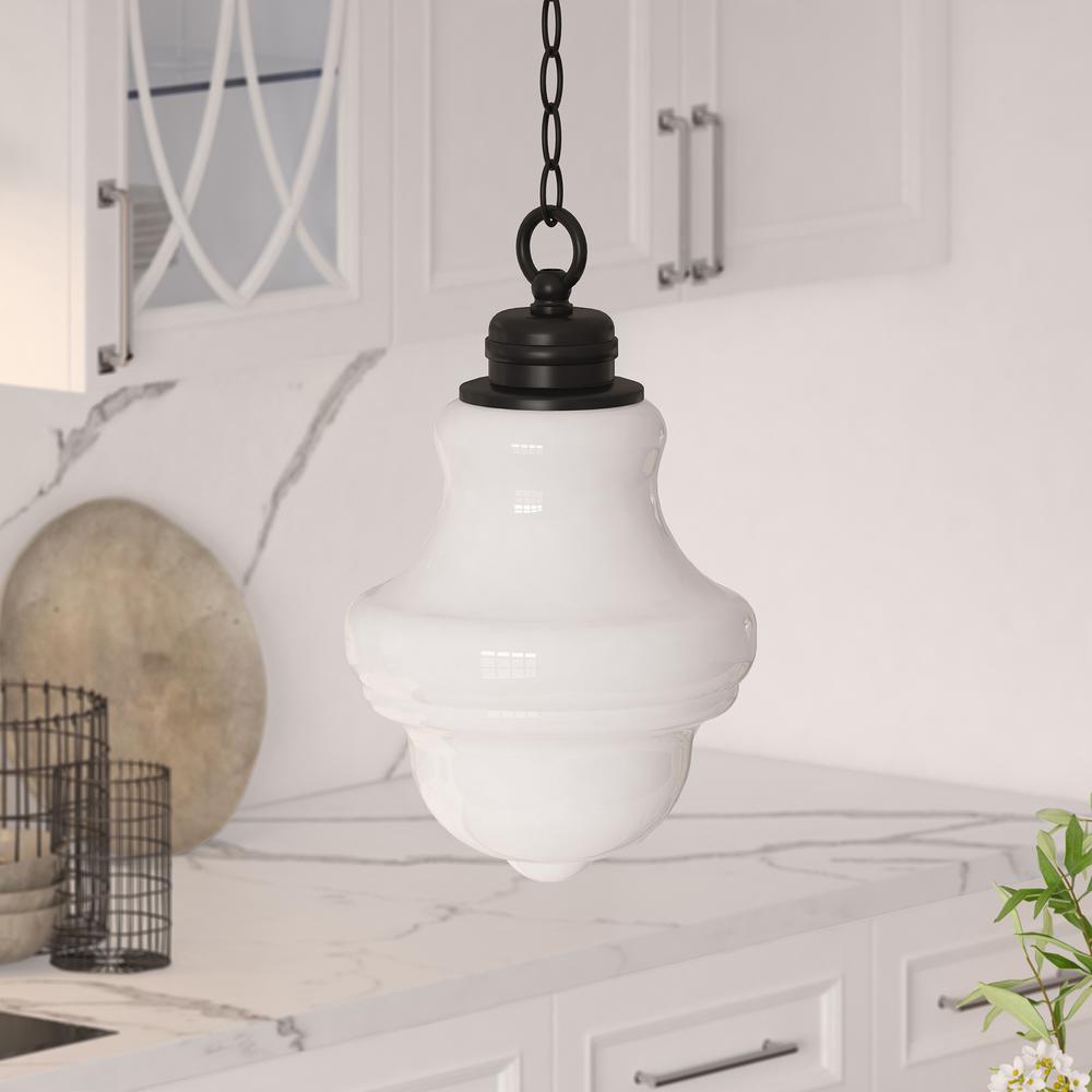 Annie 9.13" Wide Pendant with Glass Shade in Blackened Bronze/White Milk. Picture 3