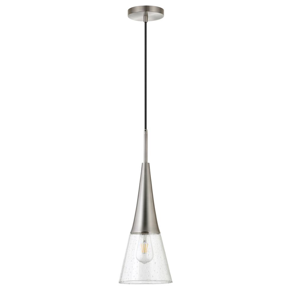 Myra 7.5" Wide Pendant with Glass Shade in Brushed Nickel/Seeded. Picture 1