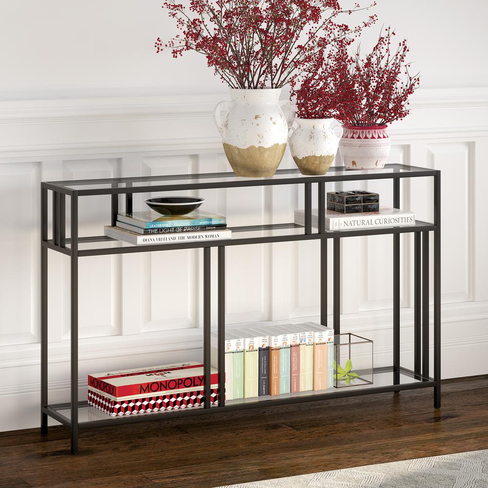 Cortland 48'' Wide Rectangular Console Table with Glass Shelves in Blackened Bronze. Picture 2