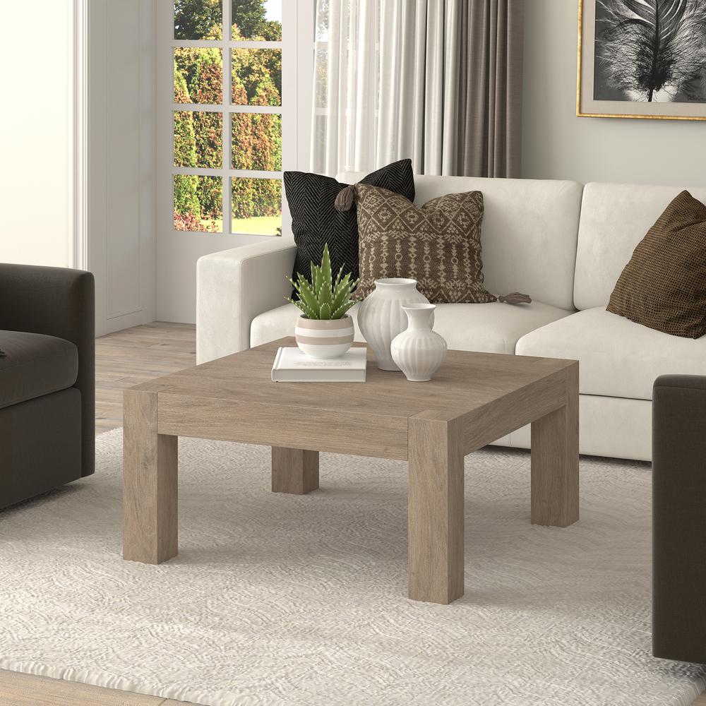 Langston 34" Wide Square Coffee Table in Antiqued Gray Oak. Picture 4