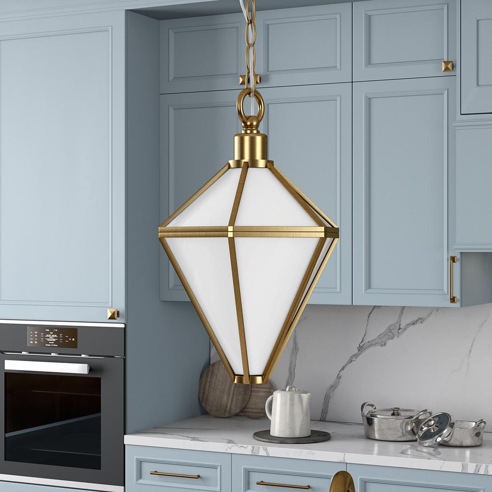 Adara 10" Wide Pendant with Glass Shade in Brushed Brass/White. Picture 2