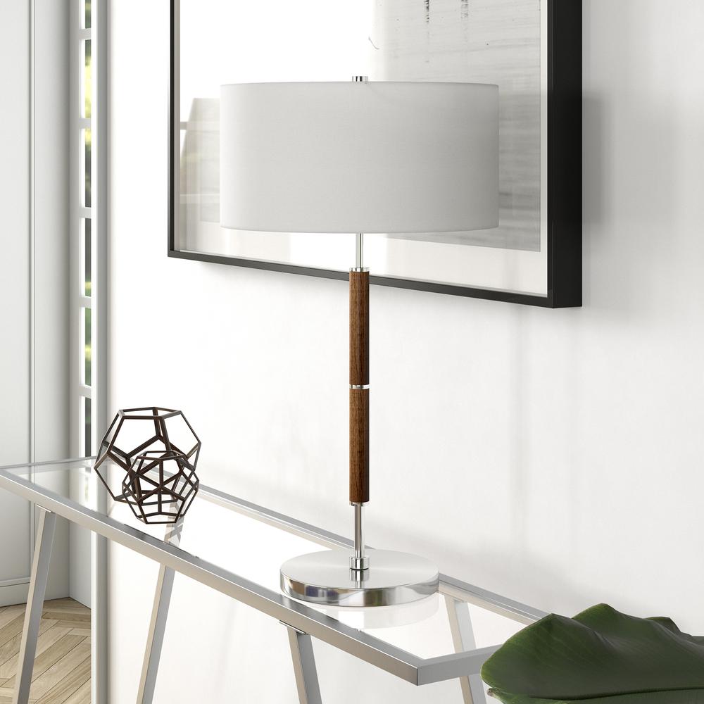 Simone 25" Tall 2-Light Table Lamp with Fabric Shade in Rustic Oak/Polished Nickel/White. Picture 2