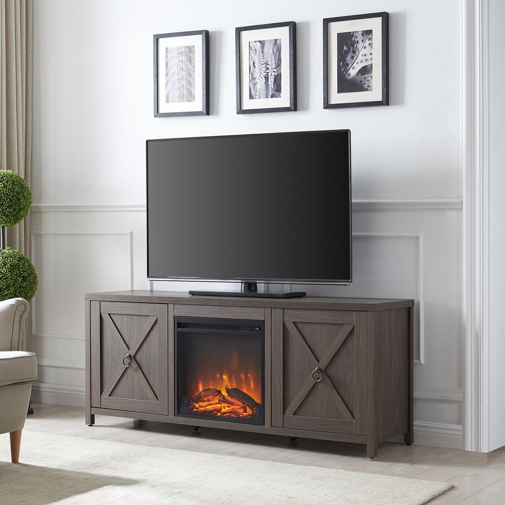 Granger Rectangular TV Stand with Log Fireplace for TV's up to 65" in Alder Brown. Picture 2