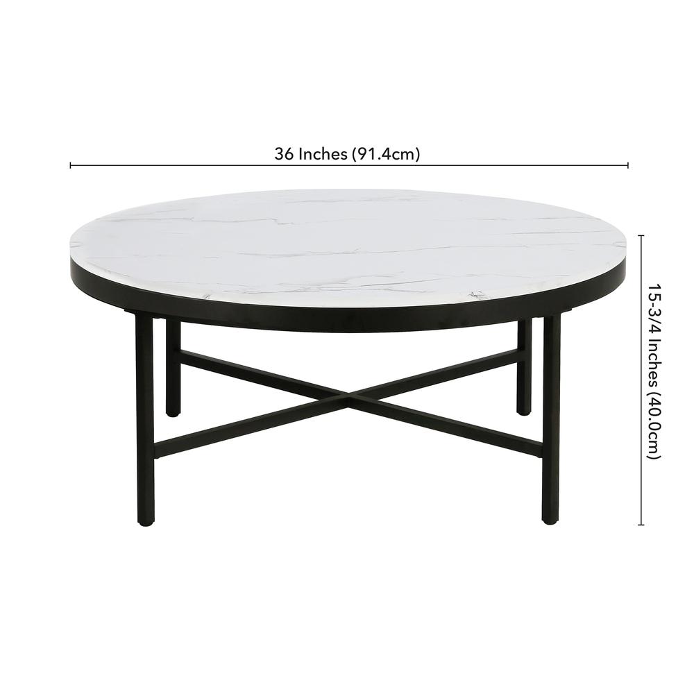 Xivil 36'' Wide Round Coffee Table with Faux Marble Top in Blackened Bronze/Faux Marble. Picture 5
