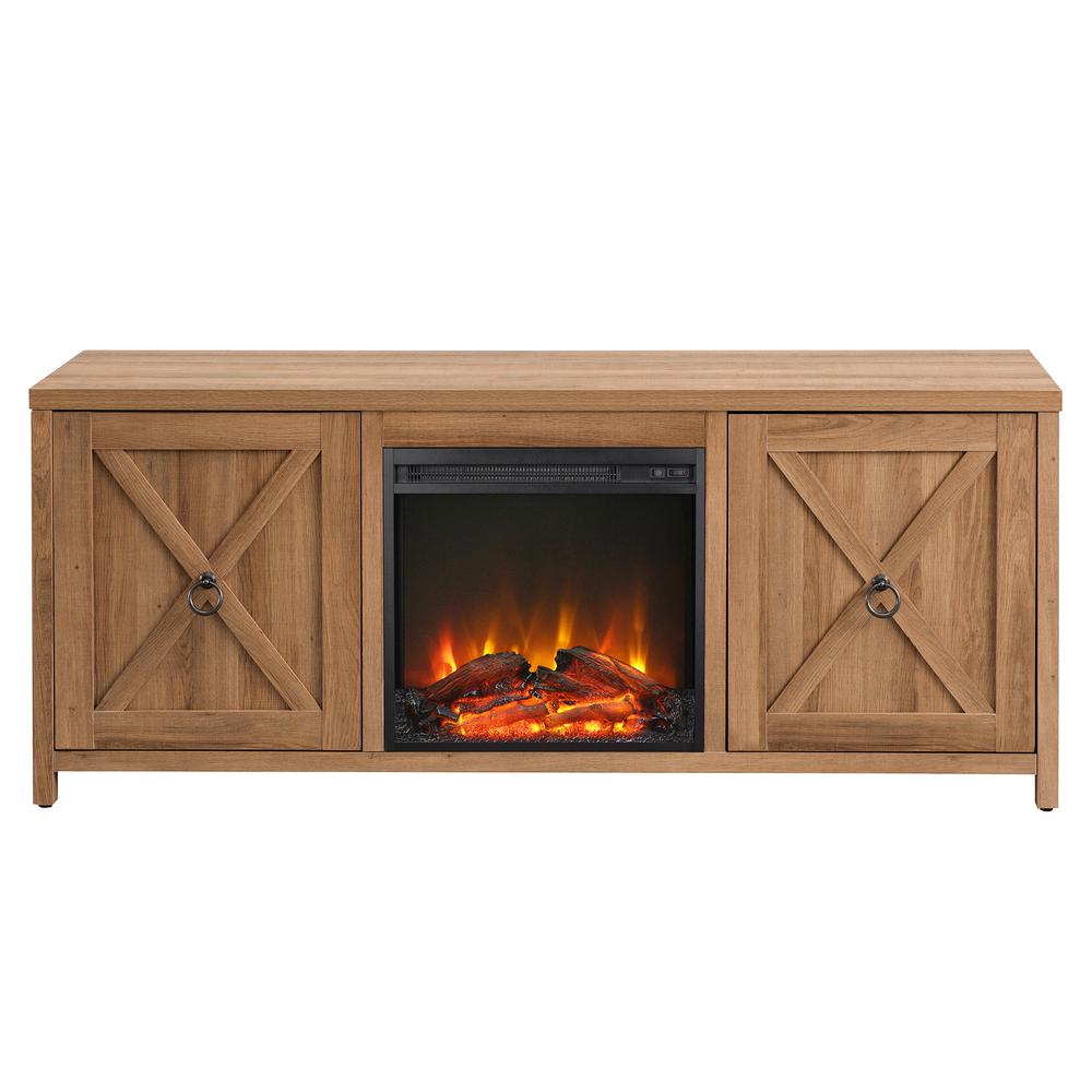 Granger Rectangular TV Stand with Log Fireplace for TV's up to 65" in Golden Oak. Picture 3