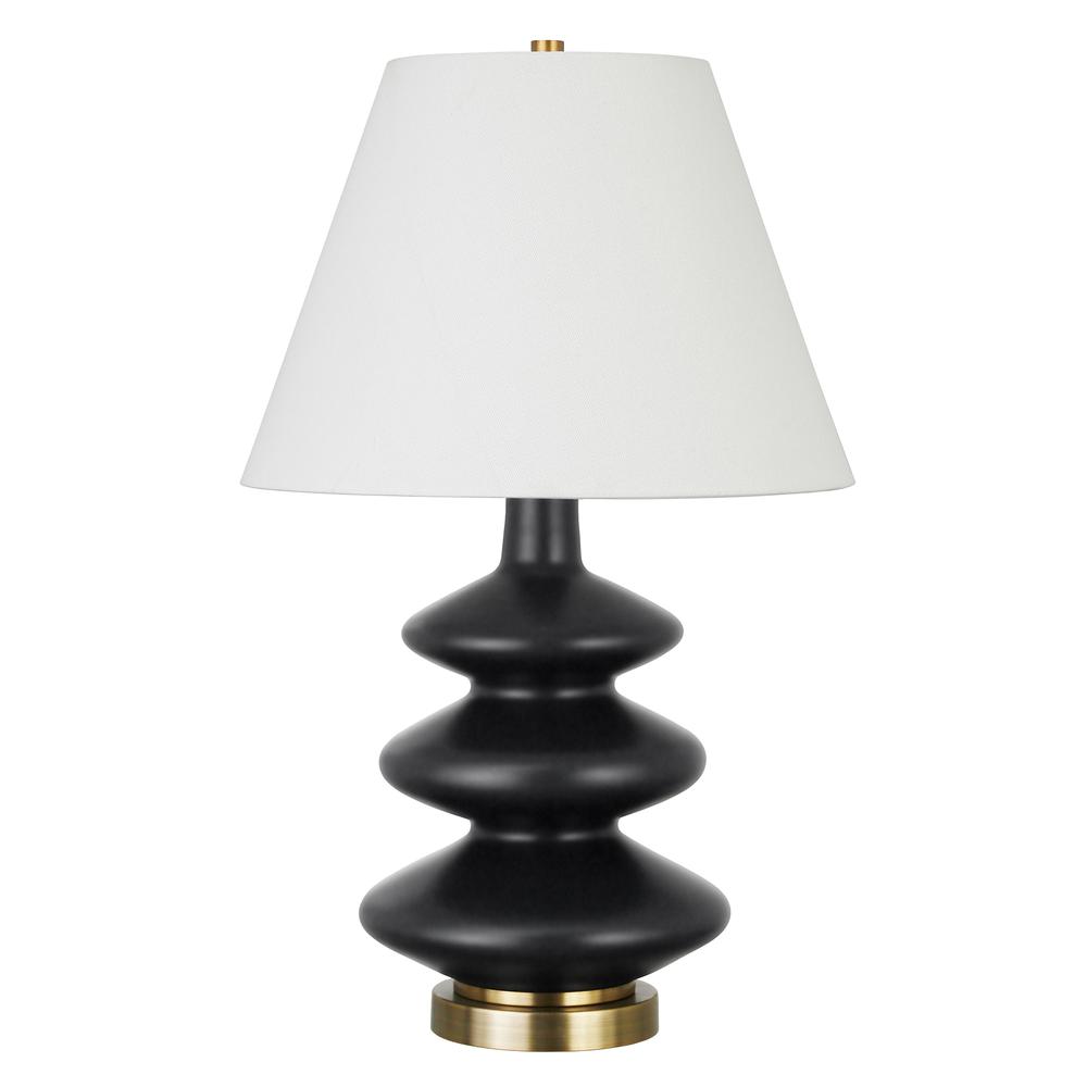 Carleta 26.5" Tall Triple Gourd Table Lamp with Fabric Shade in Matte Black/White. Picture 1