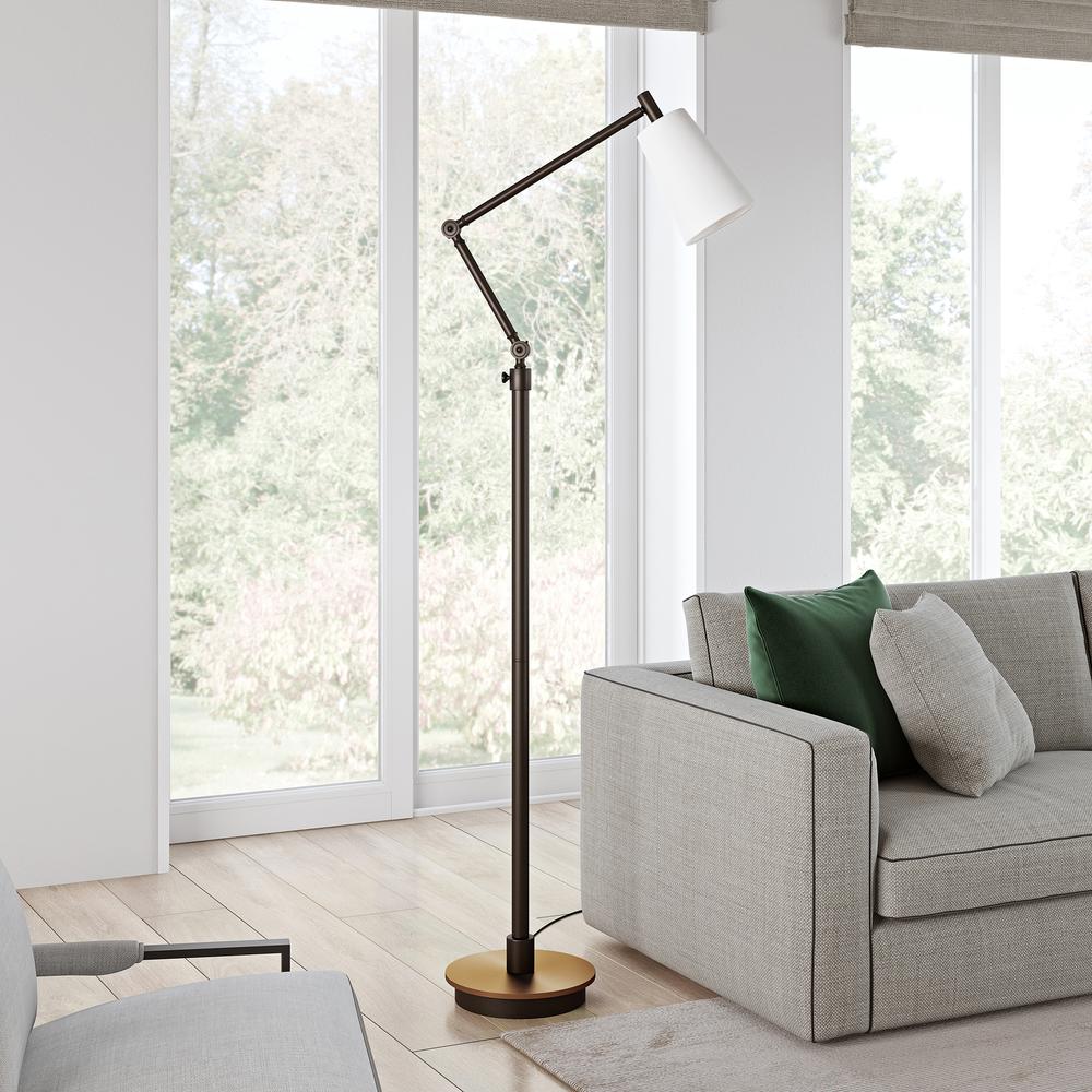Caleb 66" Tall Floor Lamp with Fabric Shade in Matte Black/Brass/White. Picture 2