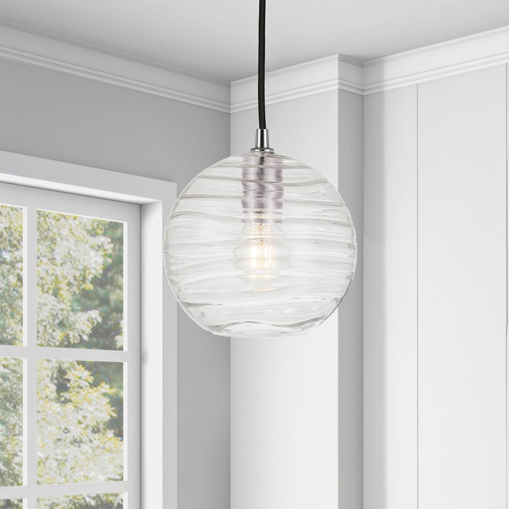 Wayve 8" Wide Textured Pendant with Glass Shade in Polished Nickel/Clear. Picture 2