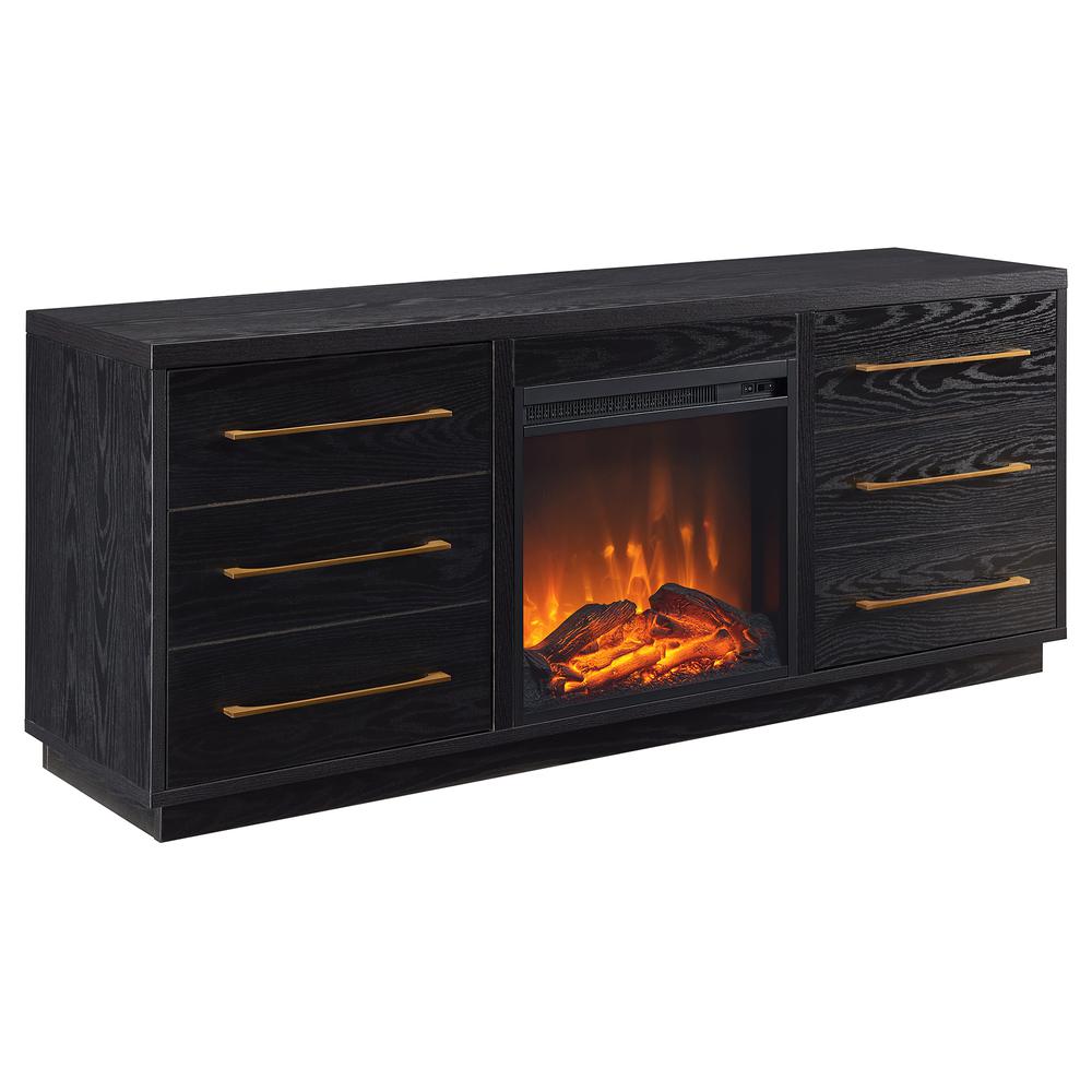 Greer Rectangular TV Stand with Log Fireplace for TV's up to 65" in Black Grain. Picture 1