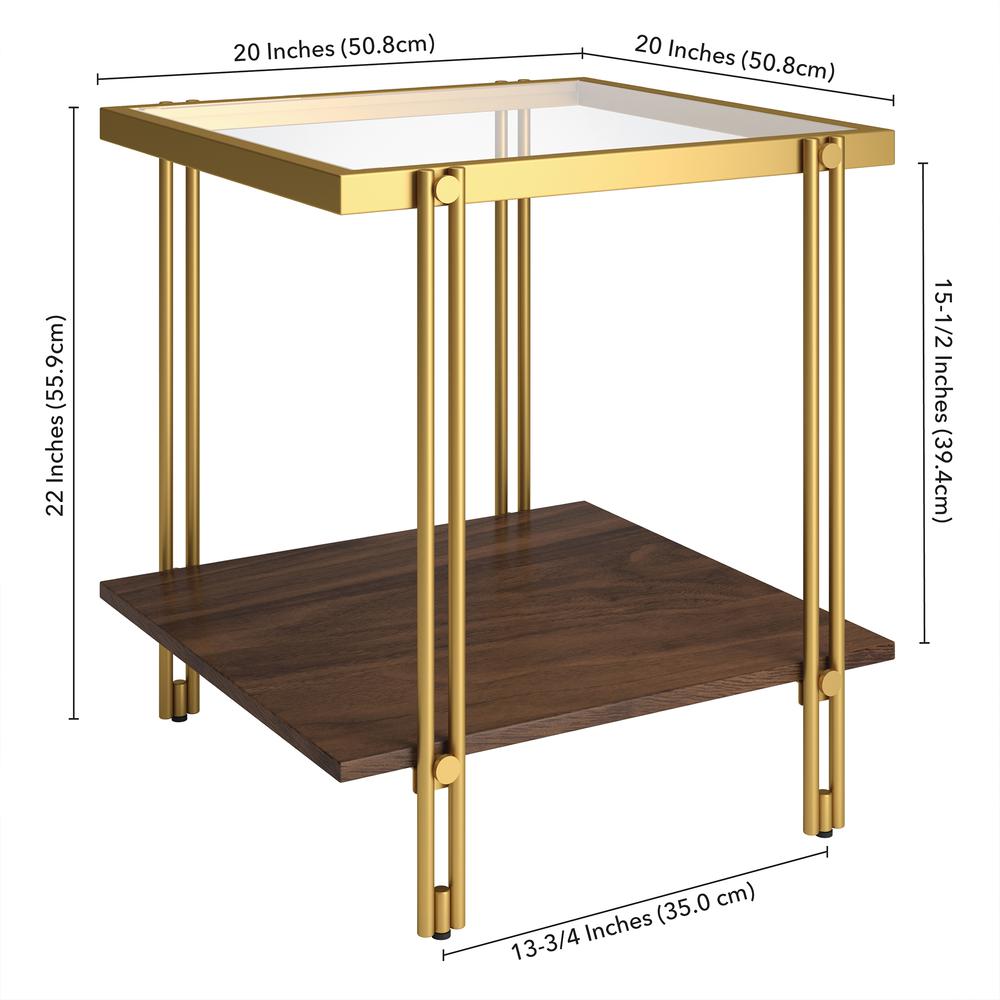 Inez 20'' Wide Square Side Table with MDF Shelf in Brass/Walnut. Picture 5