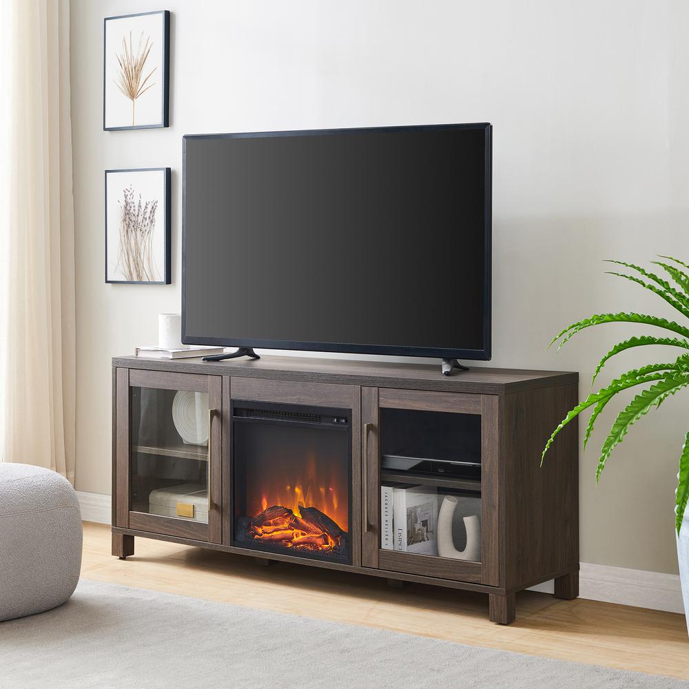 Quincy Rectangular TV Stand with Crystal Fireplace for TV's up to 65" in Alder Brown. Picture 2