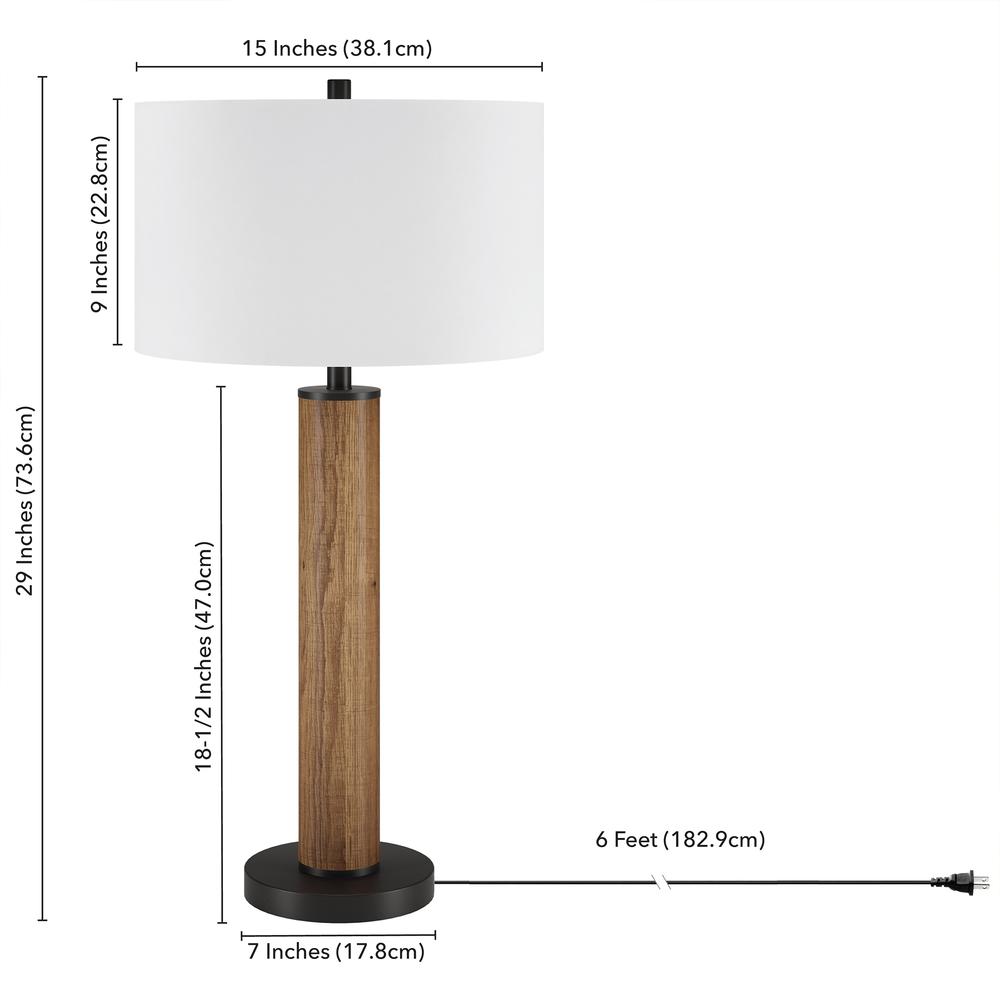 Harlow 29" Tall Table Lamp with Fabric Shade in Rustic Oak/Blackened Bronze/White. Picture 5
