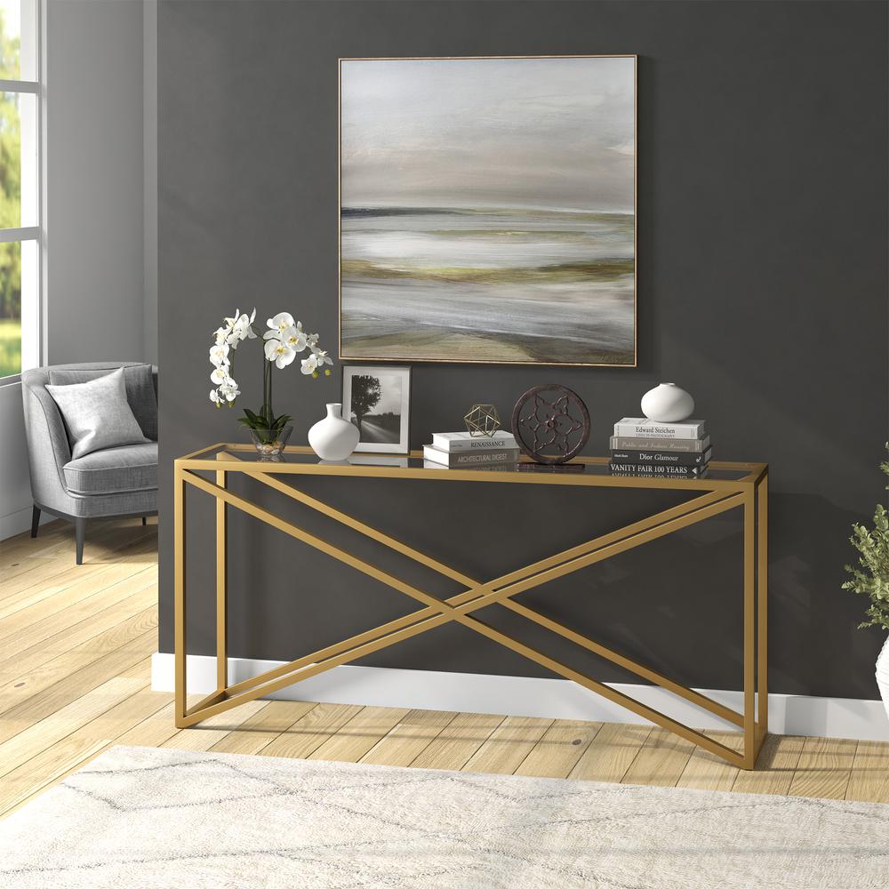Calix 64'' Wide Rectangular Console Table in Brass. Picture 4