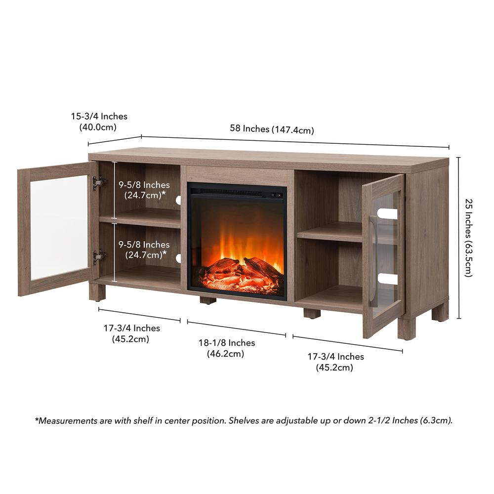 Quincy Rectangular TV Stand with Log Fireplace for TV's up to 65" in Antiqued Gray Oak. Picture 5