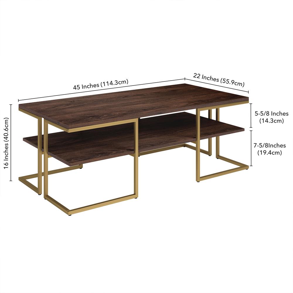 Pike 45" Wide Rectangular Coffee Table in Brass/Alder Brown. Picture 6
