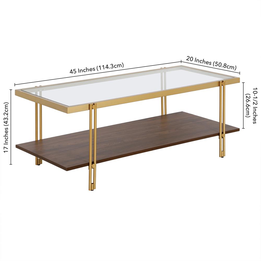 Inez 45'' Wide Rectangular Coffee Table with MDF Shelf in Brass/Walnut. Picture 5